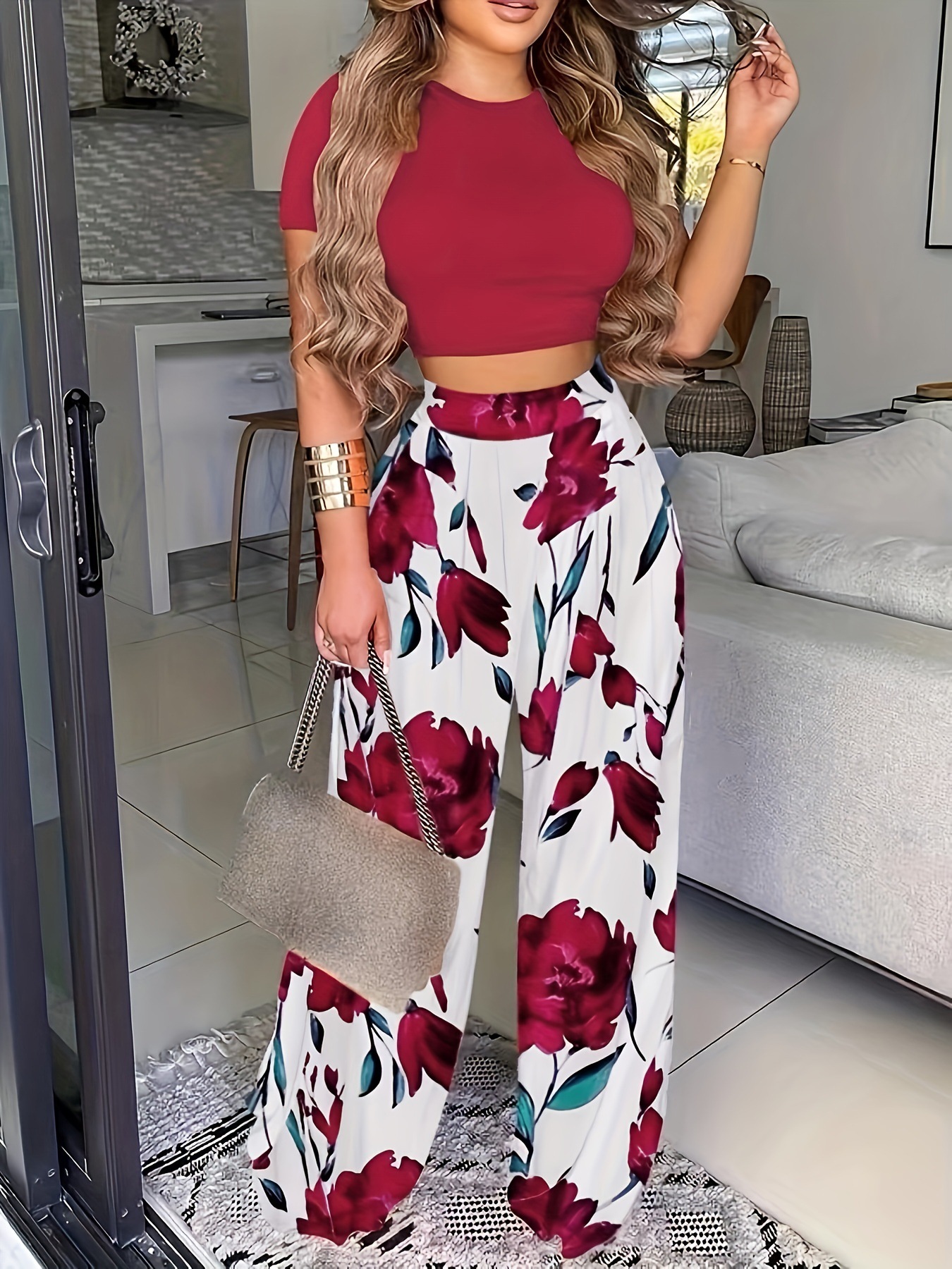 Picture of Cross-Border European and American New Fashion Trendyy Casual Suits 2024 New Trendyy Printed T-Shirt + Wide-Leg Pants Suit for Women