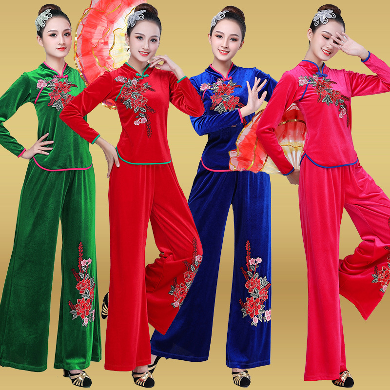 Square Dance Clothing Women's New Suit 1920 Spring Autumn and Winter Golden Velvet Middle-aged and Elderly Dance Performance Dancing Clothing
