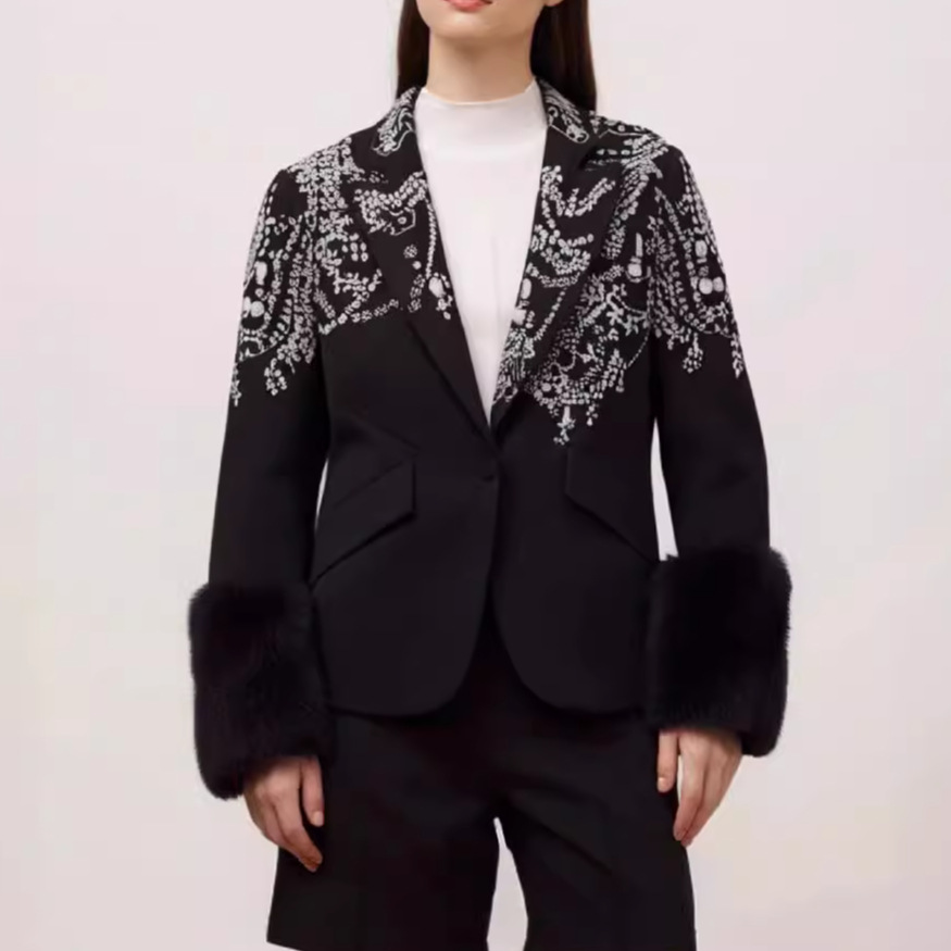 Picture of Spring and Autumn One-Button Long-Sleeved Dress Collar Heavy Industry Diamond Decoration Black Plush Cuff Slim-Fit Slimming Jacket for Women