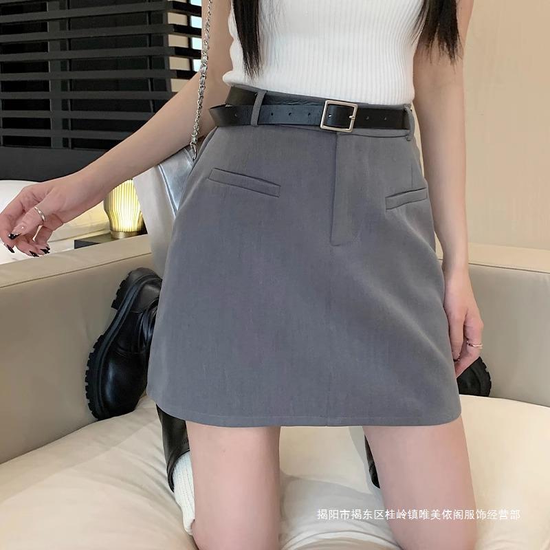 A- line Skirt Fashion Wrap Hip Skirt 2024 New Women's Grey Skirt High Waist Slimming Spring Suit Anti-Light