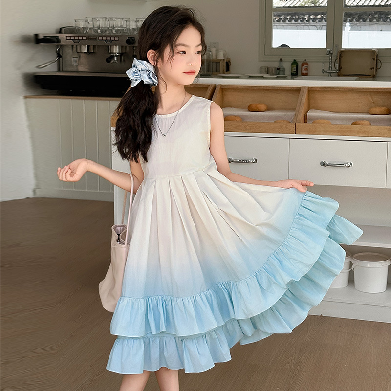 Girls' dress 2025 Summer New Stylish Little Girl's Gradient Cotton Sleeveless Vall Skirt Children's Skirt