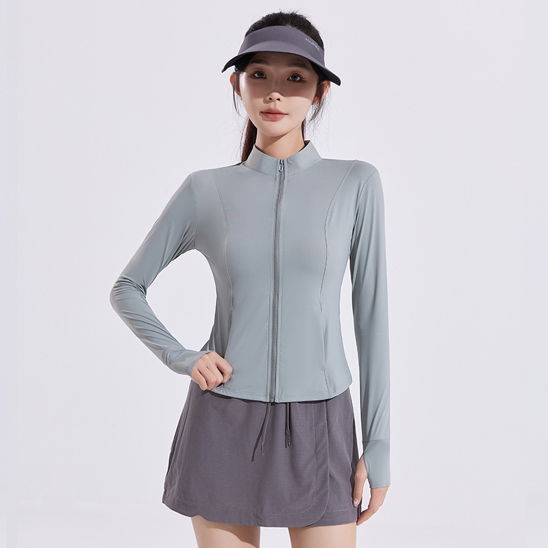 Picture of Tight Waist Slimming Vertical Collar Slim Yoga Sun Protection Clothing Women's Summer Coat Breathable 2025 New Ice Waist Sun Protection Clothing
