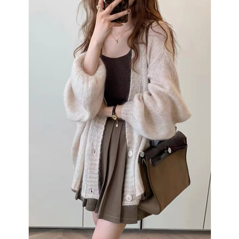 Picture of Mid-Length Lantern Sleeve Mohair Knitted Cardigan Jacket Women's Top Loose Lazy Thin Shawl Outer Top