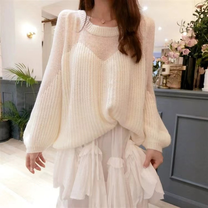 Inner South Korea Dongdaemun New Sweater Women's Lazy Style Loose Thin Hollow Lantern Sleeve Sweater Top