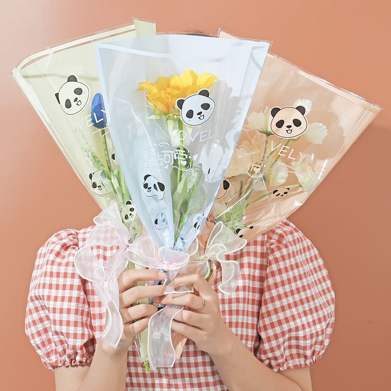 Special-Shaped Bag Manufacturer English Flower Bagging Cute Pattern Transparent Multi-Bag Flower Shop Floral Bouquet Trapezoidal Bag