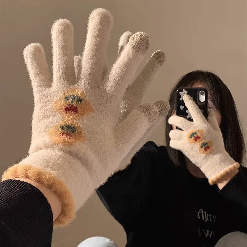 Cute Touch Screen Plush Knitted Five-Finger Gloves Women's Winter Warm fleece-lined Thickened Students Riding Cycling Cold-proof