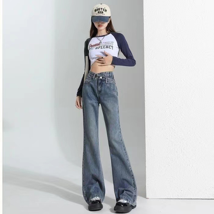 American-style vibe retro micro-flared jeans women summer new design sense high waist slim mop long pants
