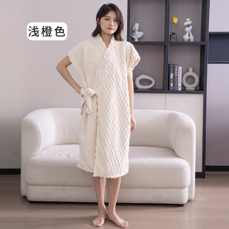 Picture of Wearable wrap bath towel female cloud jacquard cross strap bathrobe coral fleece absorbent adult bath skirt embroidery