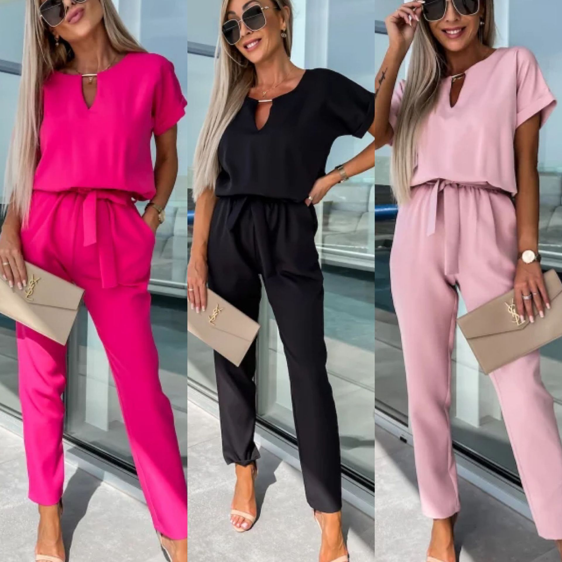 2023 Independent station New V-neck short-sleeved copper tube decorative belt jumpsuit cropped pants
