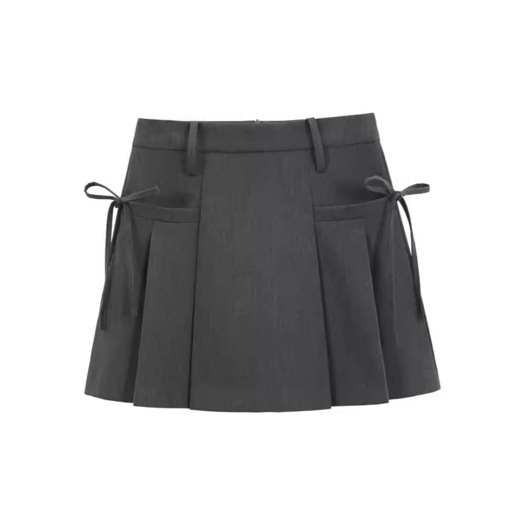 Design Bow Suit Skirt Gray Pleated Skirt High Waist Slimming Lace-up Summer Women's College A- Line Skirt