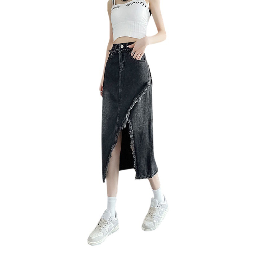 Irregular Slit Denim Skirt Women's Black Grey High Waist ins Style Hot Girl Outer Wear Furry a-Shaped Half Hip Skirt
