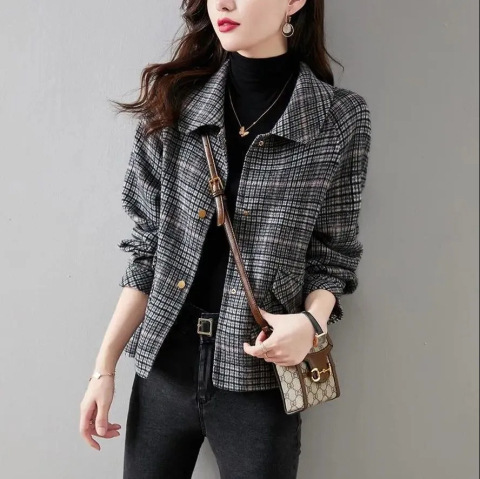 Cross-border Chanel Style Coat Women's Spring and Autumn Korean Style Short Plaid Coarse Wool Top