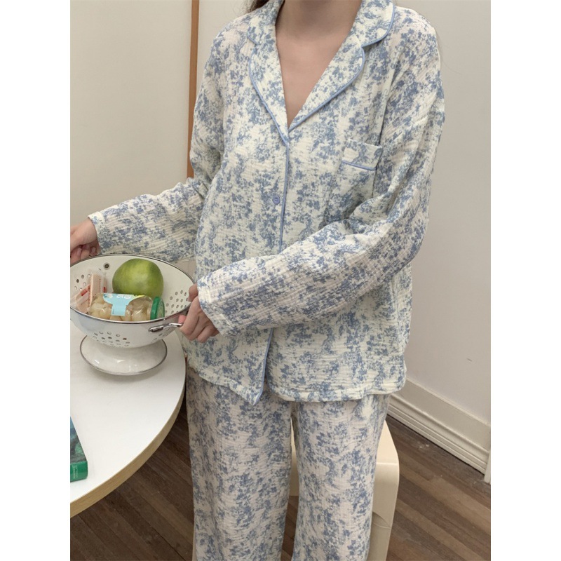Real shot 2024 autumn new INS French ink printed cotton yarn lapel long sleeve home clothes pajamas suit
