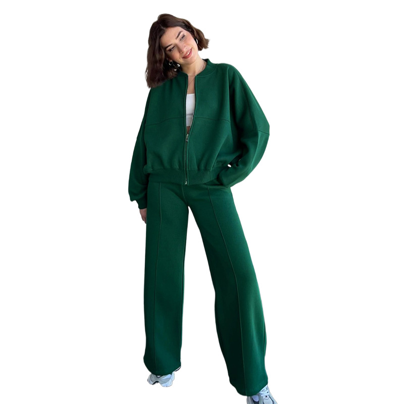 Picture of 211348 autumn and winter new cross-border European and American solid color zipper cardigan sweater women's fashion casual straight pants suit
