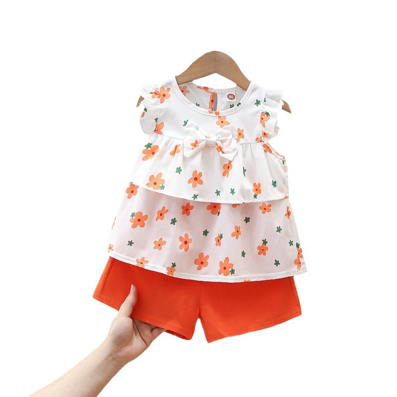 Picture of Girls Summer suit Summer New Cute Fried Street Full Printed Bow-tie Vest Shorts suit Cute