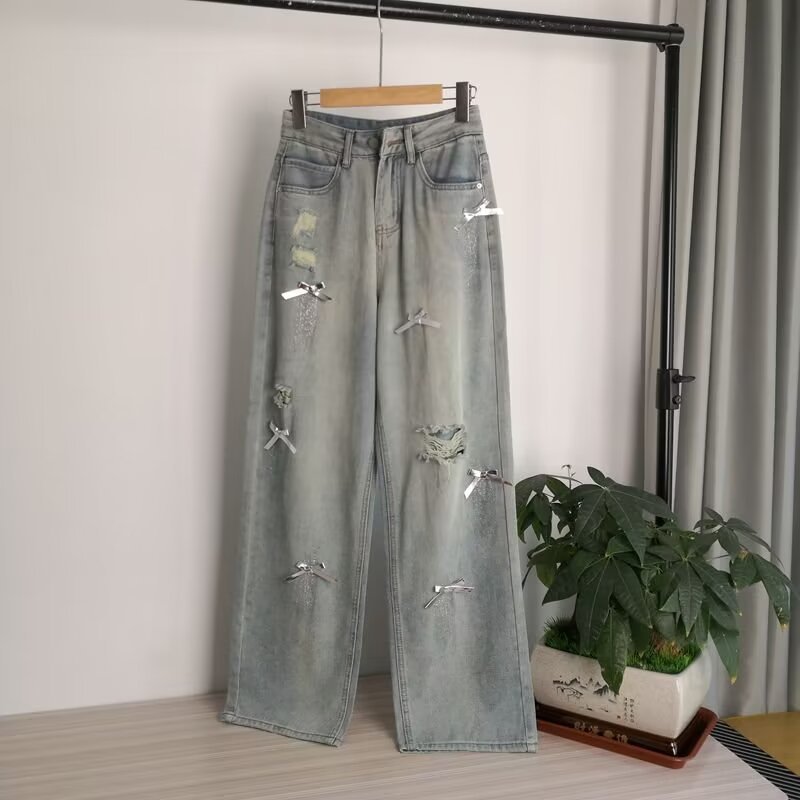 Vibe Light Color Sweet Girl Bow Design Ripped Wide Leg Jeans Women's Summer New Korean Style High Waist Straight Leg Pants