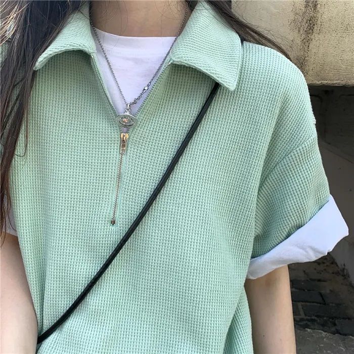 Picture of Japanese Girl's Mint Green dress Sense Niche Waffles Loose Straight Skirt Polo Collar Age-reducing Skirt