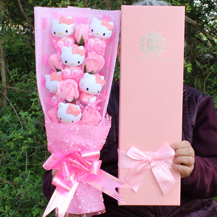 Picture of No wave bear Ding Ding cat kat cat vinyl hand Cartoon Doll Bouquet Soap flower gift box cartoon bouquet