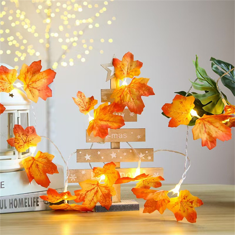 Picture of Autumn send cool maple leaf pumpkin atmosphere lamp room decoration outdoor fence hanging lamp LED lamp string