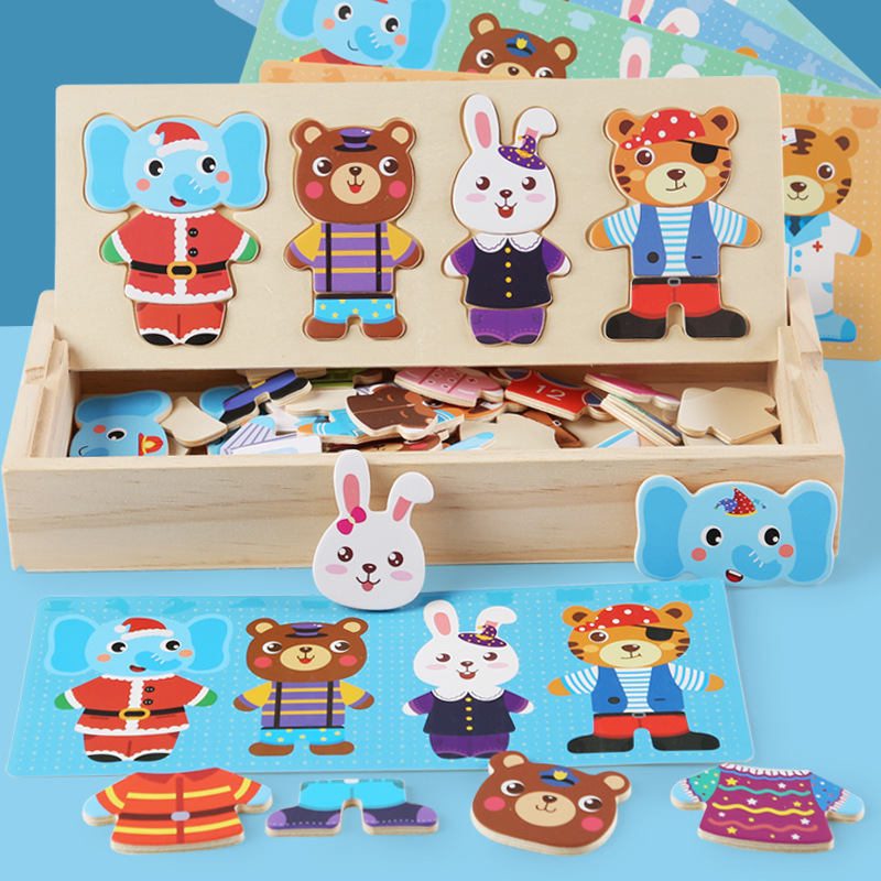 Dress-up Puzzle Wooden Animal Bear Dress-up Puzzle Toy Gift for Boys and Girls 3456-year-old Baby Puzzle