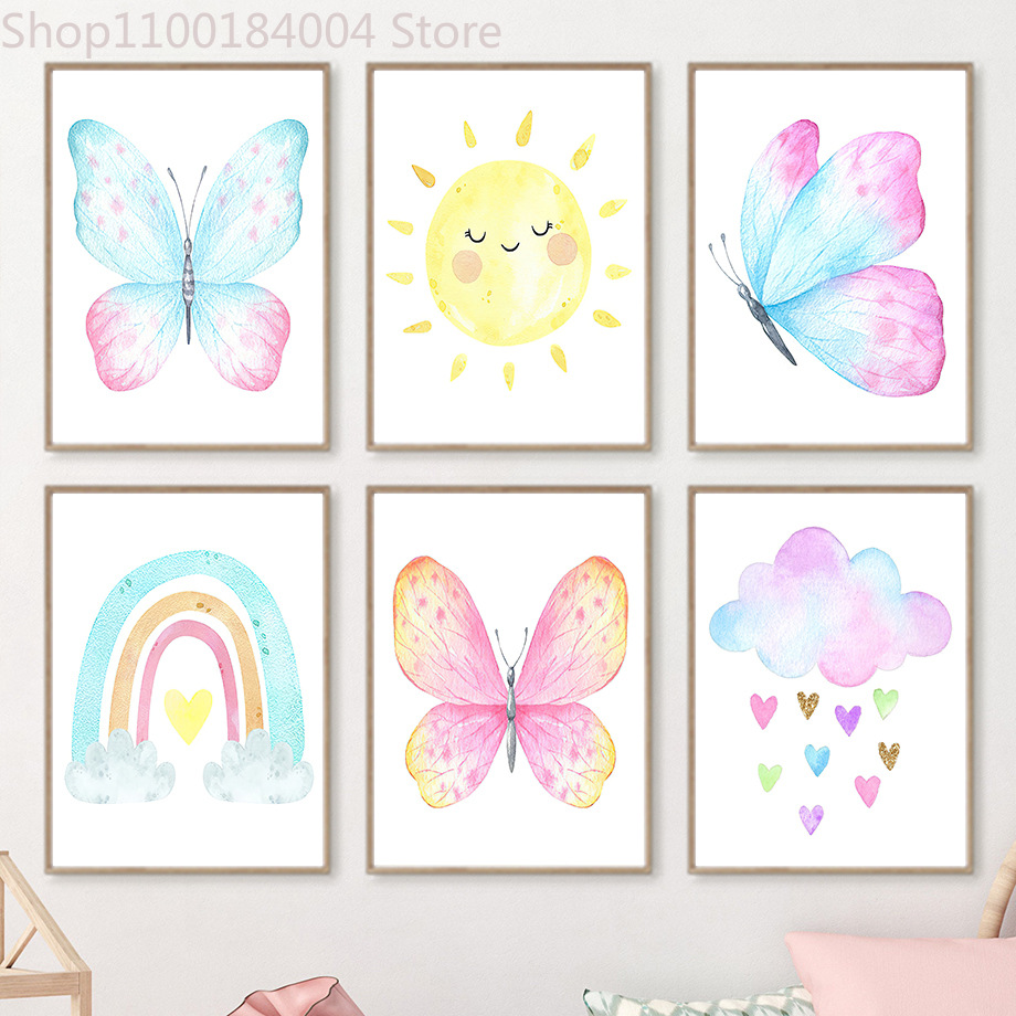 Pink baby room cartoon watercolor butterfly weather Rainbow Unicorn Children bedroom poster canvas decorative painting core
