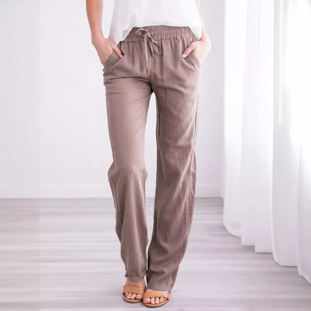 Picture of 2025 Cross-Border Ebay Amazon Wish Spring and Summer New Pure Color Cotton and Linen Loose Drawstring Casual Wide-Leg Pants for Women