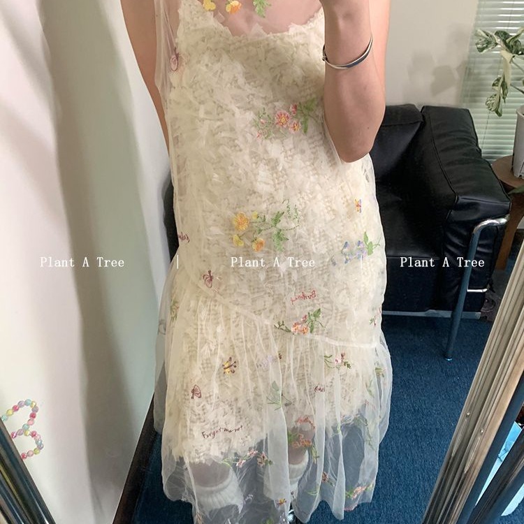 Mesh Embroidered Sleeveless Dress Women's Summer Loose Layered Overskirt Vest Dress