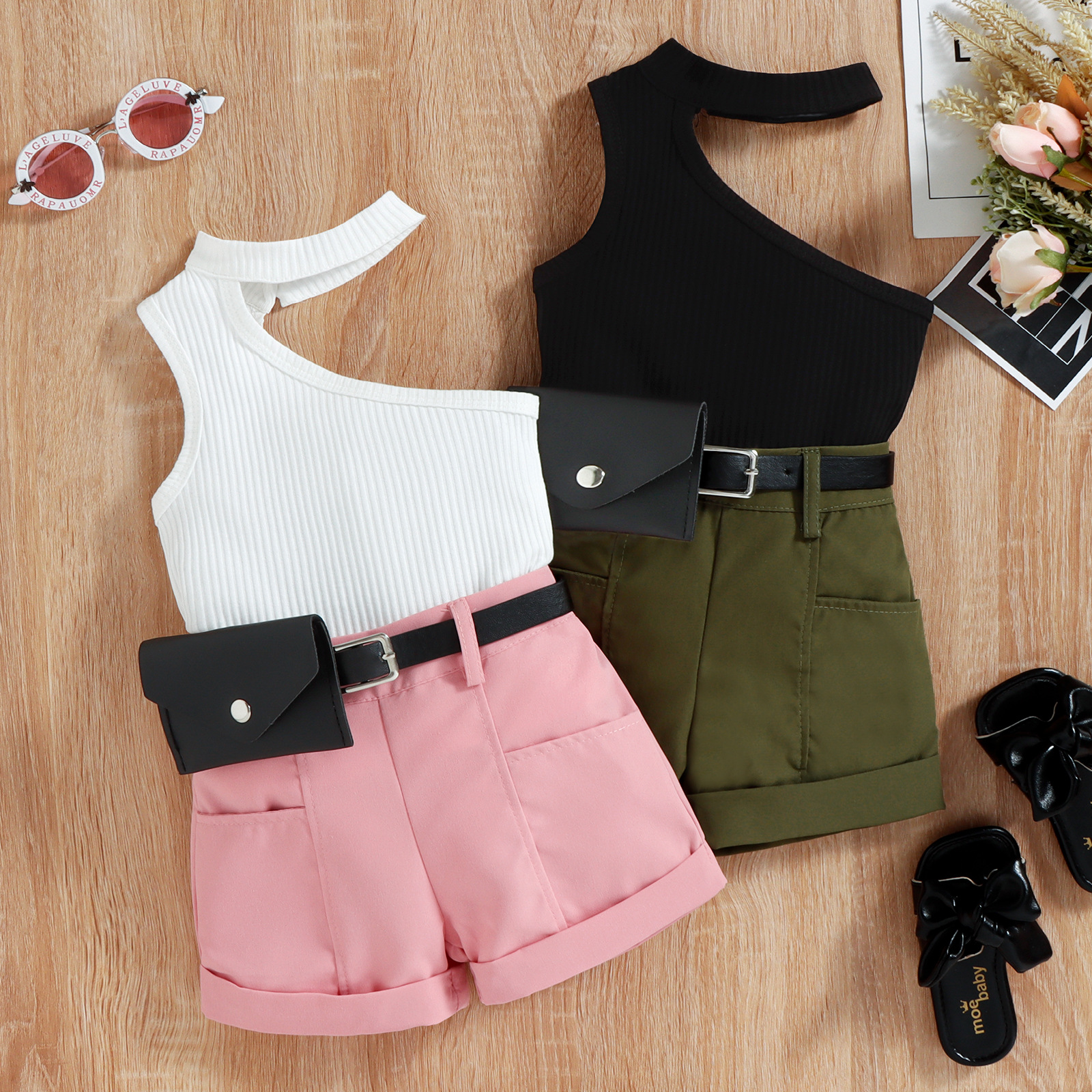 European and American Export New Amazon Girls Ins Slanted Shoulder Halter Pit Strip Top Shorts Waist Bag Three-Piece Suit
