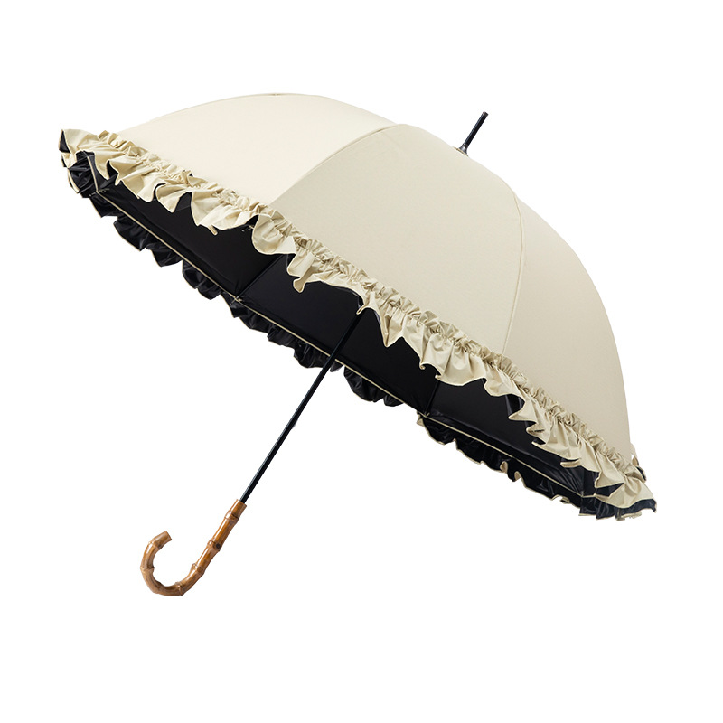 Picture of Large Lace Vinyl Sun Protection Umbrella Anti-Uv Parasol Bamboo Curved Handle Straight Umbrella Manual Sunny Umbrella Wholesale