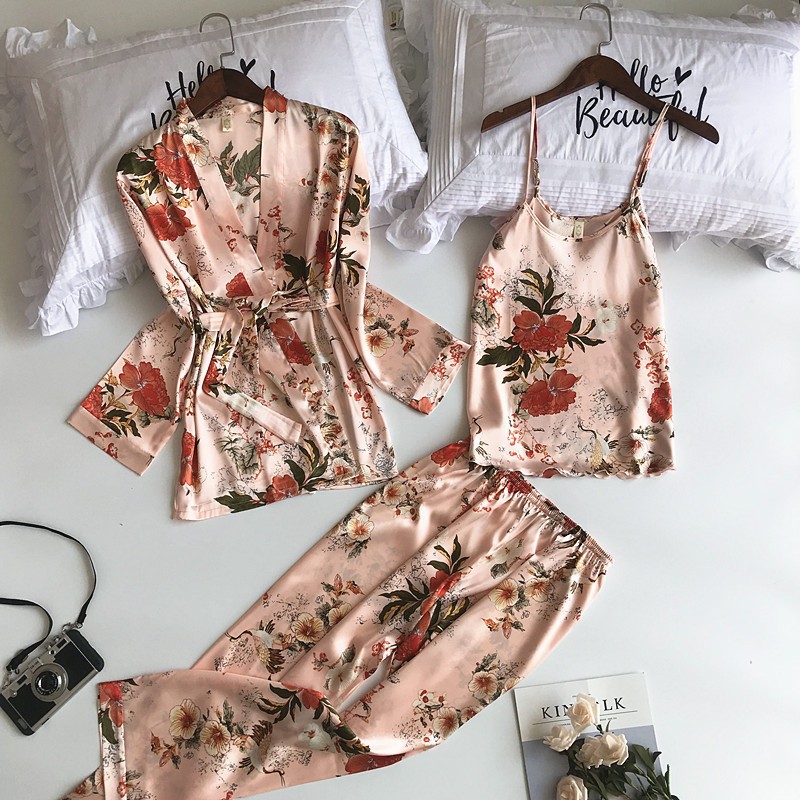 2023 New European and American Color Home Clothes Nightgown Three-Piece Set Fashionable and Plaid Lace Pajamas Set Wholesale