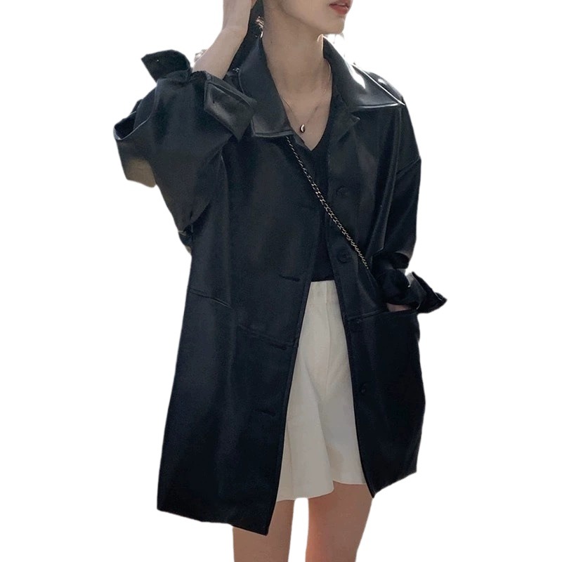 Picture of Korean Handsome Lapel Single-Breasted Leather Jacket for Women Autum New Loose and Versatile Imitation Leather Jacket Top Black