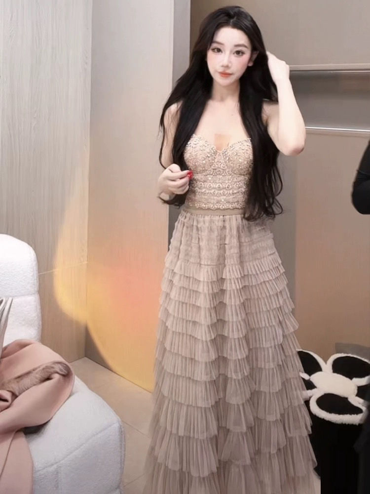 Socialite Sexy bling Lace Tube Top Beaded Sling Short Off-the-Waist Vest Tousled Long Skirt Cake Skirt suit