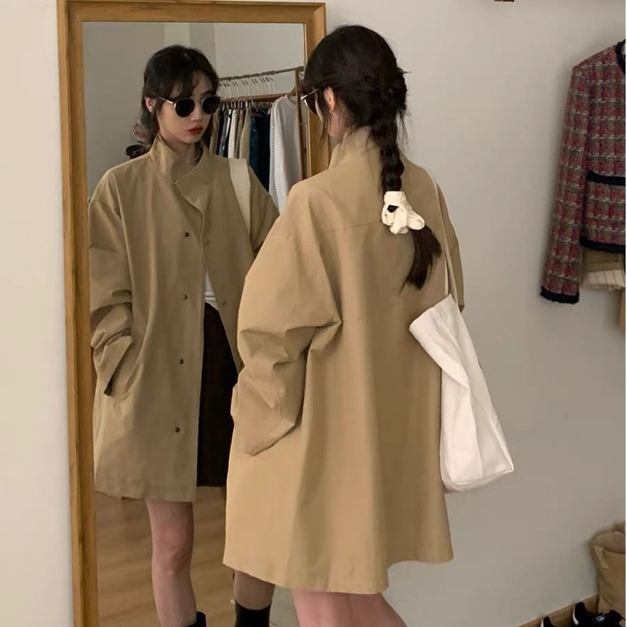 Picture of South Korea minimax style early autumn new coat stand collar loose casual jacket retro lazy long trench coat women,