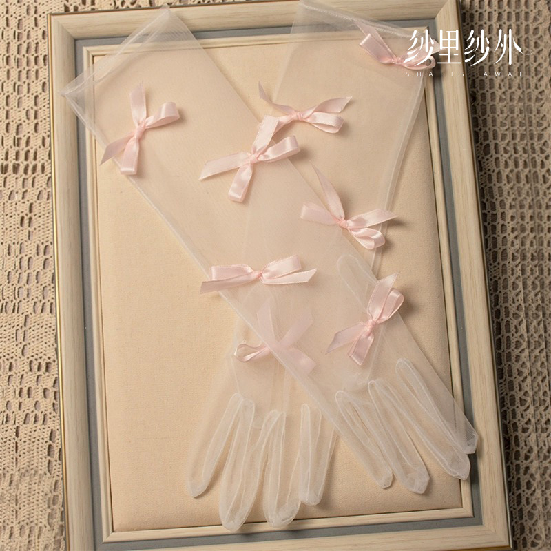 Bridal Gloves All-match Photo Pink Cute Bow Mid-length Simple Photo Wedding Princess Style Accessories