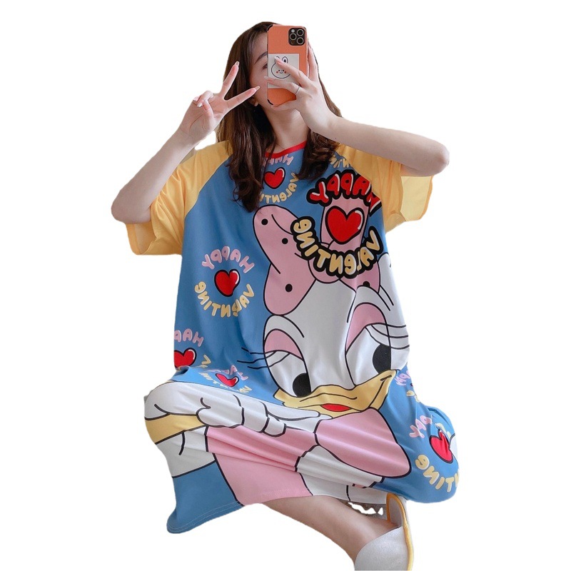 2022 New Summer Cartoon Short-sleeved Pullover Dress Mid-length Nightdress Women's Loose Cute Girl's Home Clothes