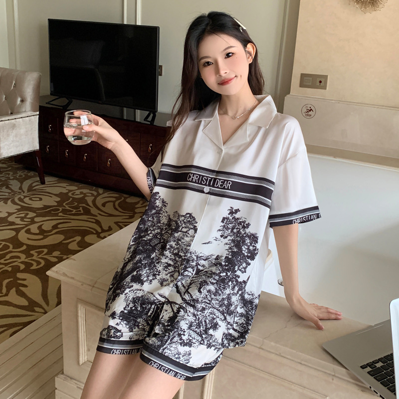 Picture of Cross-border new new Chinese ink painting ice silk pajamas women's high-end sense thin short sleeve shorts lovers suit wholesale