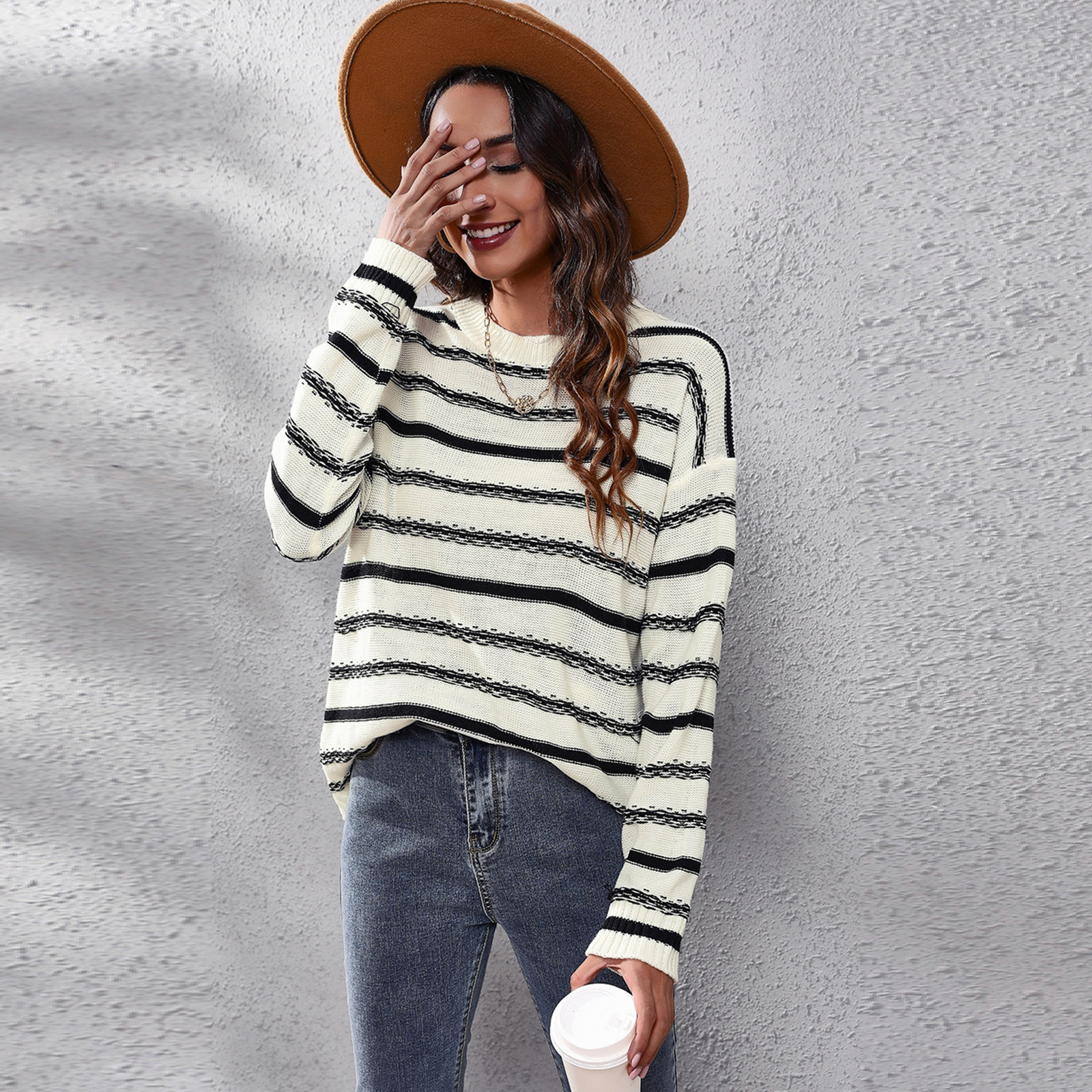 Picture of Real shot outer model cross-border striped long-sleeved knitted sweater women's loose autumn and winter New European and American style sweater