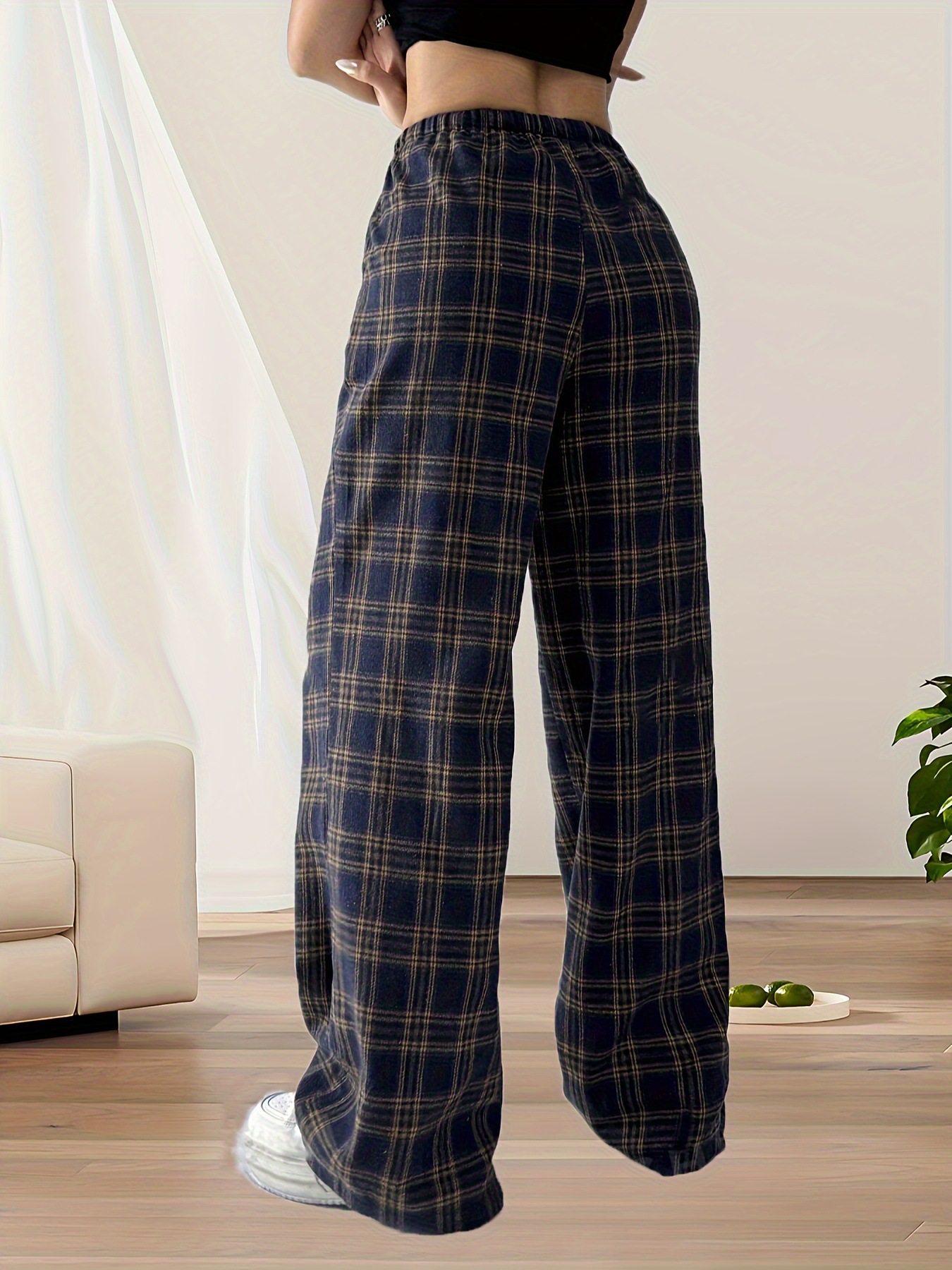 2024 Autumn and Winter New Fashion High Waist Casual Plaid Wide Leg Pants Trousers Women's Back-To-School Season Christmas Daily Wear