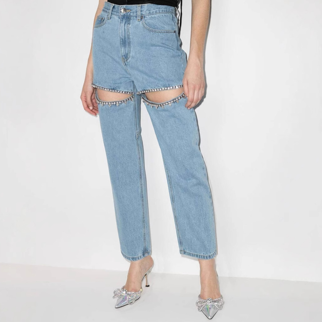 European and American Cross-Border 2025 Spring/Summer Street Fashion Ripped Distressed Zipper Jeans Vintage Mid-Waist Straight-Leg Long Pants for Women