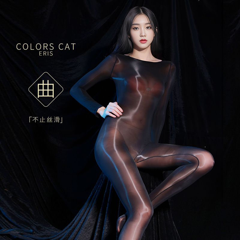 Sexy shiny one-piece stockings transparent ultra-thin with jj set sexy silky temptation open crotch one-piece full body clothes couple