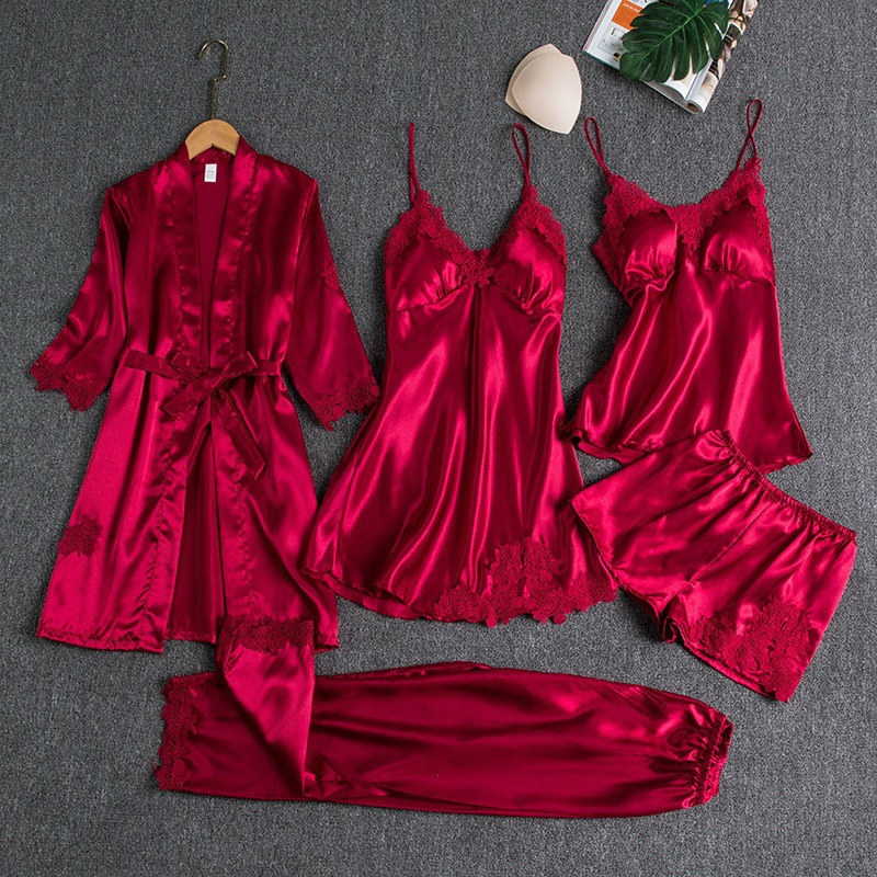 Pajamas Women's Summer Ice Silk Sexy Hot Adult Spring and Autumn Long Sleeve Thin Women's Nightgown Five-piece Set Multi-color