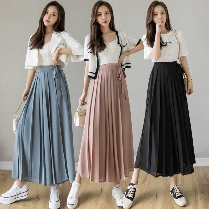 Real shot spring and summer new Korean style pleated chiffon trousers plus size elastic waist casual pants pantskirt