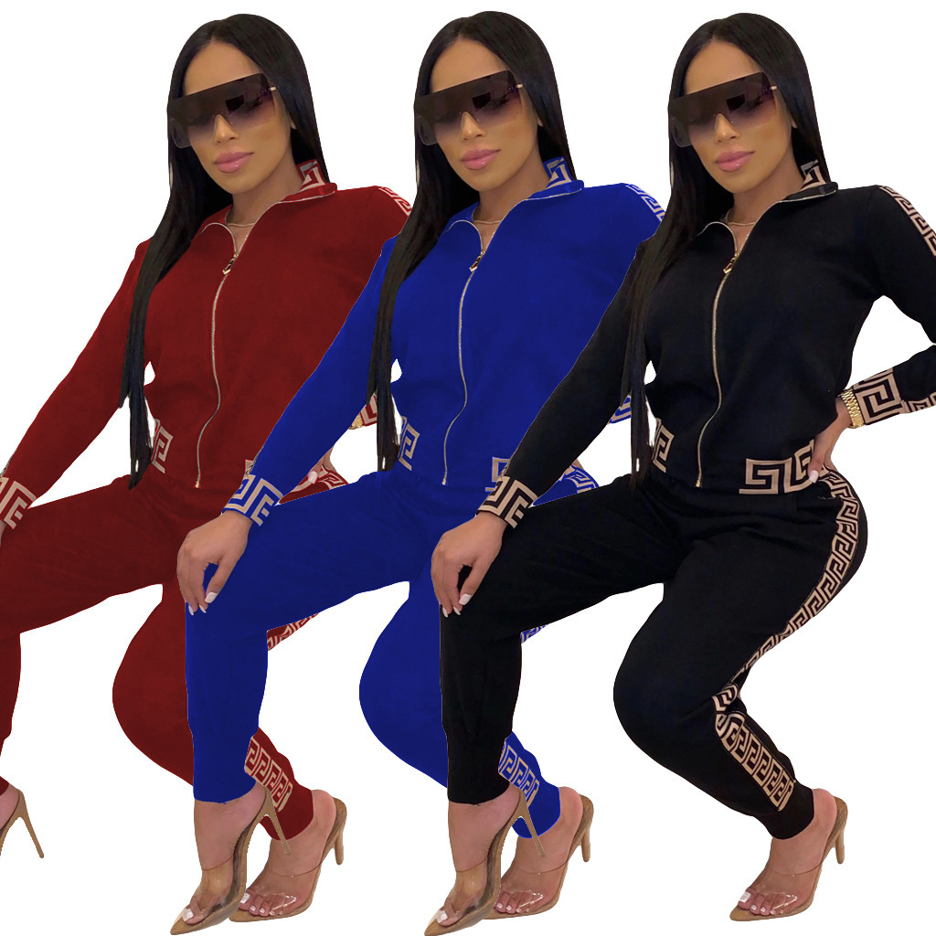 Cross-border women's clothing Amazon EBay best selling European and American fashion leisure printing stitching two-piece suit