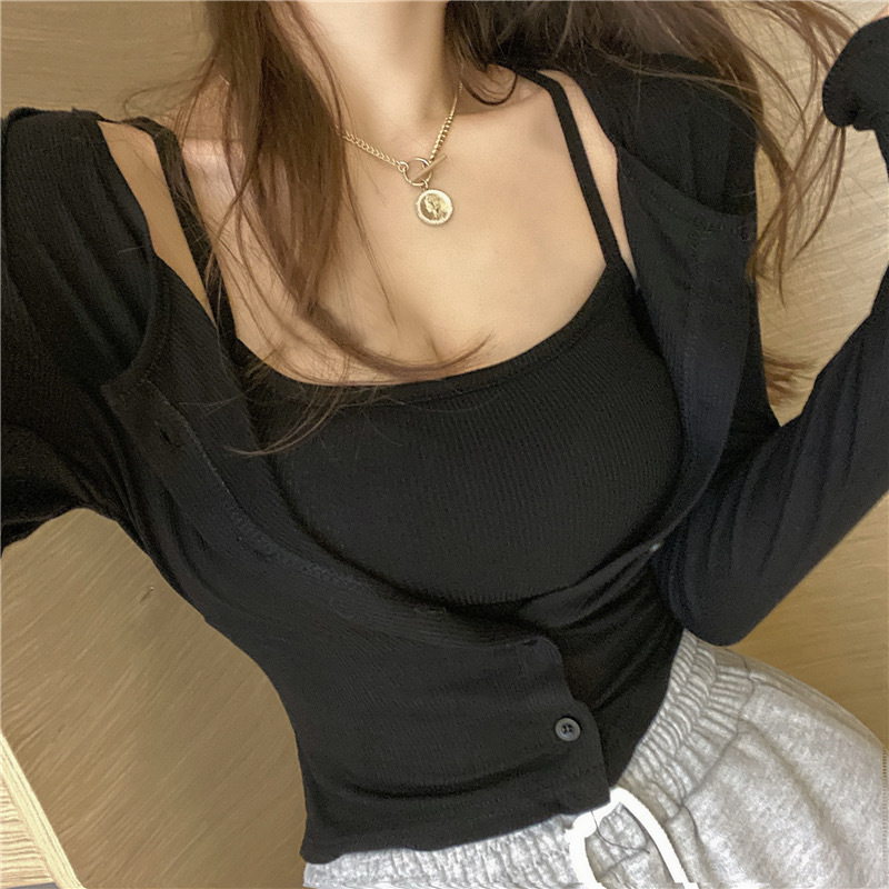 2022 Spring and Autumn Sexy Cardigan suit Women's Elegant Fashion Slim-fit Slimming Camisole Two-piece Long-sleeved Tide