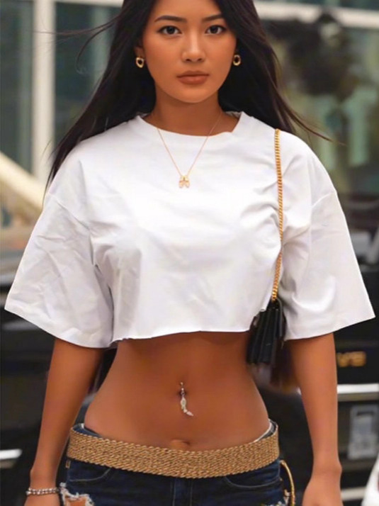 2025 Summer Amazon Wish Independent Station Cross-Border European and American Loose Pure Color Casual Short Navel-Baring Round Neck Top