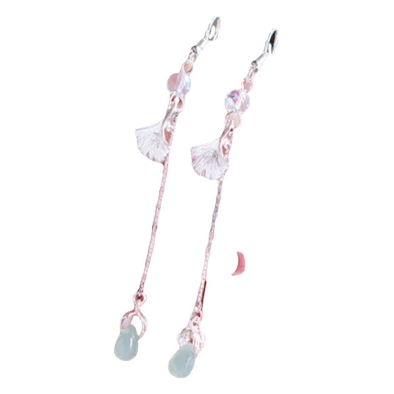 Vintage Antique Fairy Jewelry Earrings Chinese Style Ginkgo Leaf Long Ear Drop Earrings Hanfu Women's Ear Clip