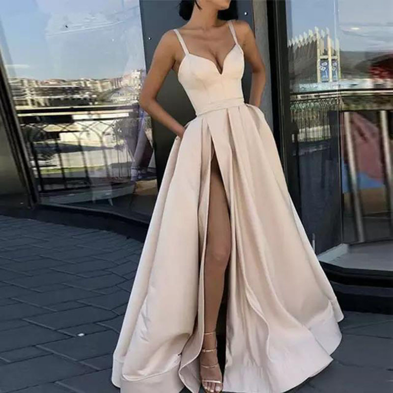 Picture of 2025 New Cross-Border Spring Amazon European and American Dress Slimming Look Pure Color Suspender Tail Banquet Satin Dress
