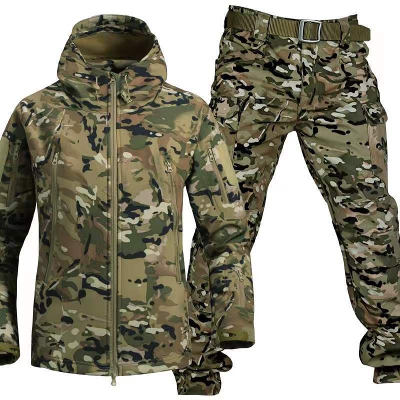 Cross-Border Wholesale Outdoor Sharkskin Soft Shell Jacket Suit for Men and Women, Camouflage Velvet Jacket