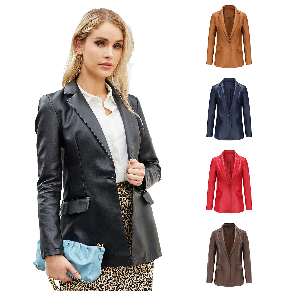 Picture of 2023 real shot new European and American small suit cross-border long sleeve coat women's single grain buckle commuter casual solid color leather coat