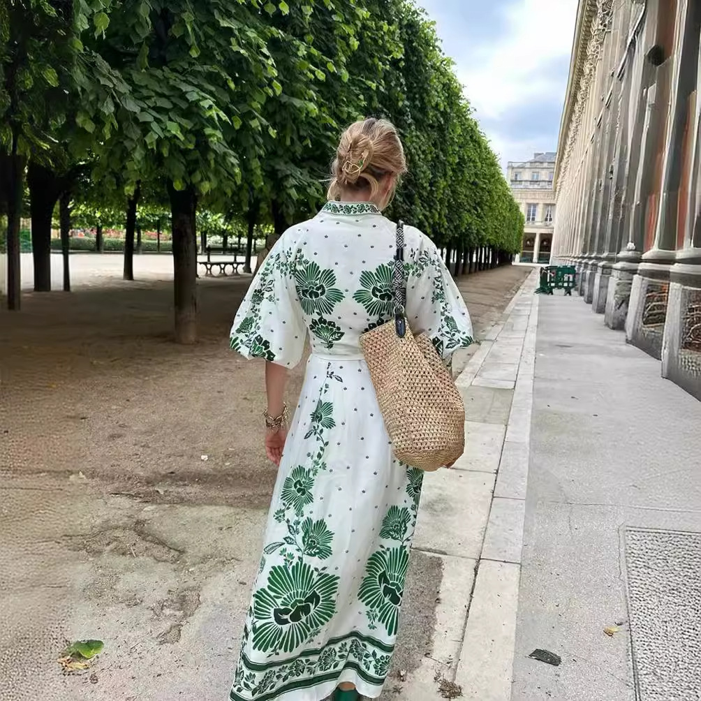 Cross-border European and American Women's AliExpress Explosions Printed Loose Single-breasted V-neck Lantern Sleeve Holiday Long dress